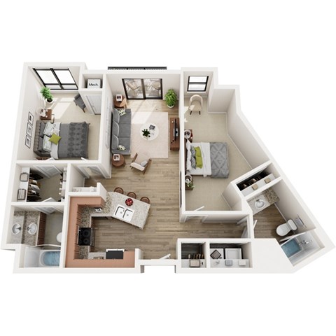 Floor plan for 2 beds, 2 baths, 1060 sqft